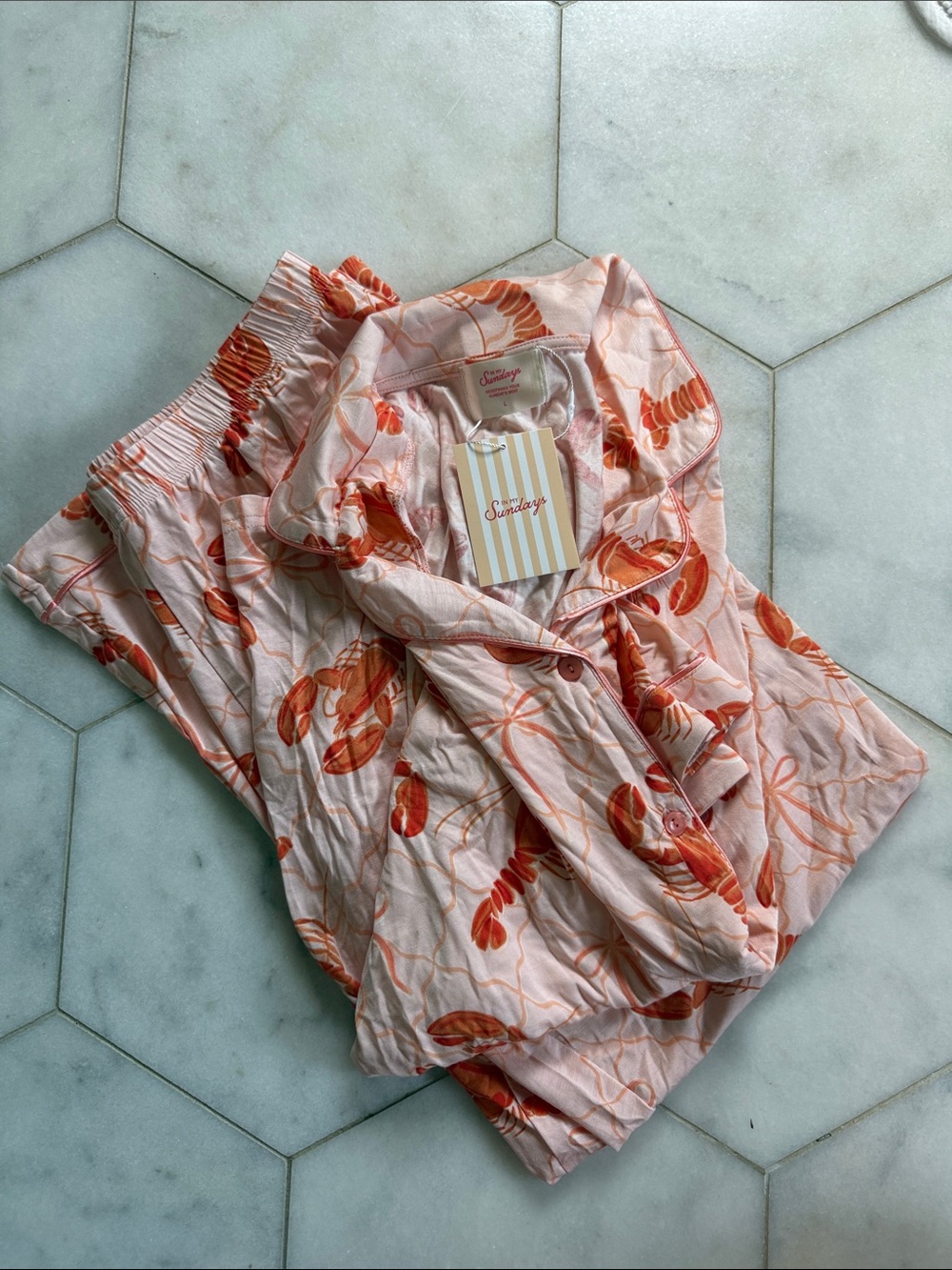In My Sundays Lobster Trellis Short Sleeve Pajama Set - Peach & Coral